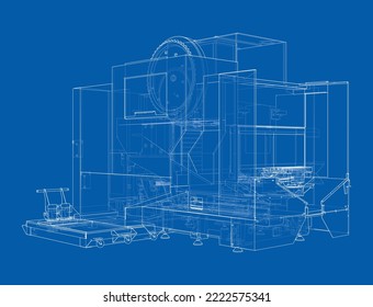 Metalworking CNC milling machine. Vector rendering of 3d. Wire-frame style. The layers of visible and invisible lines are separated