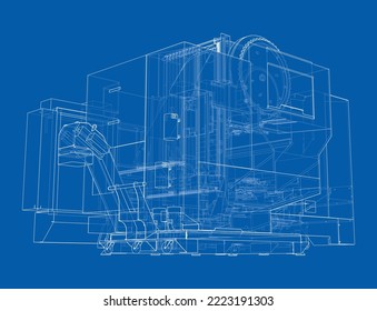 Metalworking CNC milling machine. Vector rendering of 3d. Wire-frame style. The layers of visible and invisible lines are separated