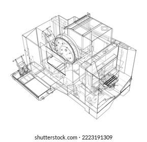 Metalworking CNC milling machine. Vector rendering of 3d. Wire-frame style. The layers of visible and invisible lines are separated