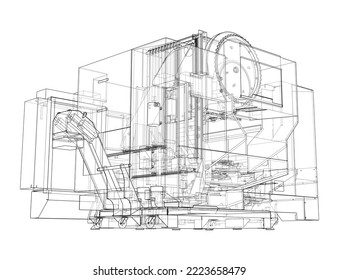 Metalworking CNC milling machine. Vector rendering of 3d. Wire-frame style. The layers of visible and invisible lines are separated