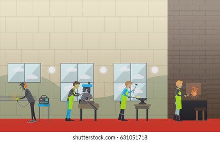 Metalworking concept vector illustration. Factory workers smith, welder, foundry worker, moulder, metal cutter design elements in flat style.