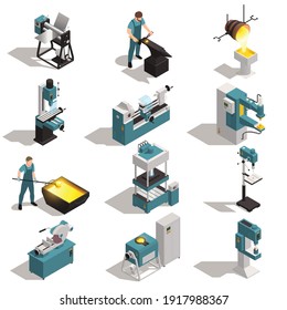 Metalworking equipment people casting forging working on turning lathe drilling cutting bending machines isometric set isolated vector illustration 