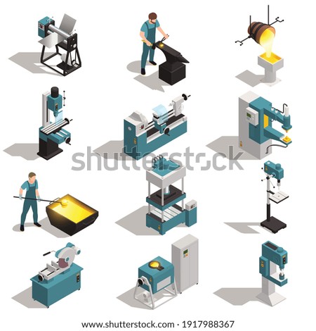 Metalworking equipment people casting forging working on turning lathe drilling cutting bending machines isometric set isolated vector illustration 