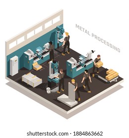 Metalworking facility isometric composition with people working on metal processing lathes turning laser cutting machines vector illustration