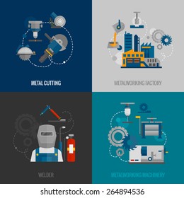 Metalworking factory and cutting machinery 4 flat icons composition with welder equipment pictograms abstract isolated vector illustration