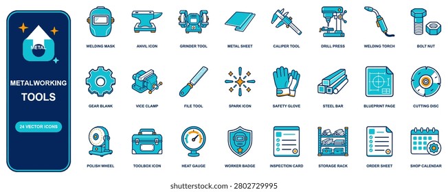 Metalworking flat icon set. 24 vector line icons: welding mask, anvil, grinder, metal sheet, caliper, drill press, welding torch, bolt nut, gear blank. Editable isolated symbols for web, app and infog