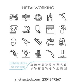 Metalworking Icon Set. Editable vector stroke. Welding, Sharpening, Grinding, Drilling, Cutting, Sandblasting, Grooving, Cleaning, Plasma, Laser, Grinder, Hydro, Compressor, Gas.