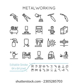 Metalworking Icon Set. Editable vector stroke. Welding, Sharpening, Grinding, Drilling, Cutting, Sandblasting, Grooving, Cleaning, Plasma, Laser, Grinder, Hydro, Compressor, Gas.