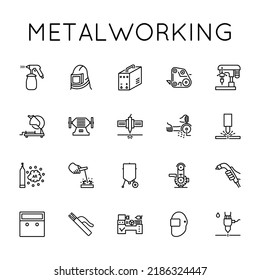 Juego de iconos de metalurgia. Soldadura, Sharpening, Grinding, Drilling, Cutting, Sandblasting, Grooving, Limpieza, Plasma, Láser, Grinder, Hidro, Compresor, Gas, Máquina Herramienta, Trabajos Turning.