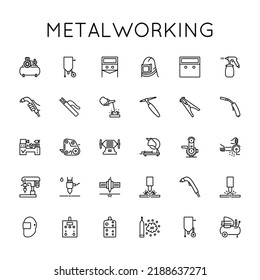 Juego de iconos de metalurgia. Soldadura, Sharpening, Grinding, Drilling, Cutting, Sandblasting, Grooving, Limpieza, Plasma, Láser, Grinder, Hidro, Compresor, Gas, Máquina Herramienta, Trabajos Turning.