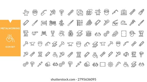 Metalworking Icons Collection: A comprehensive set of line art icons representing various tools and equipment used in metalworking, presented on a clean background.