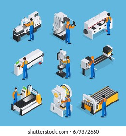 Metalworking People Isometric Set With Factory Worker Characters And Isometric Images Of Industrial Metal-working Machinery Vector Illustration