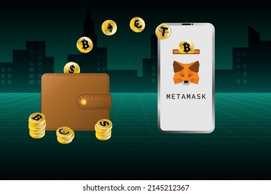 Cartera MetaMask blockchain, diseño de ideas de pasarela. Billetera MetaMask en smartphone y criptodivisas con fondo futurista. Concepto de ilustración para banner, sitio web, página de inicio, anuncios.