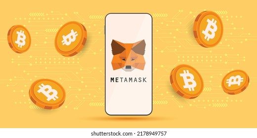 Metamask crypto wallet logo on a smartphone with Bitcoin cryptocurrency coins vector illustration template. 