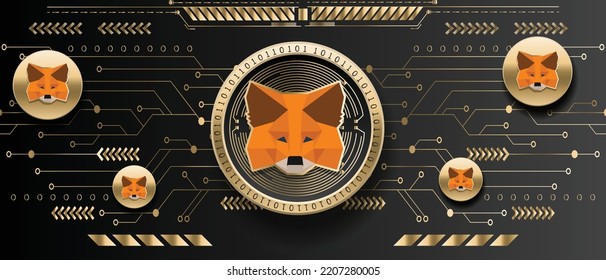 Metamask cryptocurrency golden coin on futuristic technology background vector illustration banner and wallpaper template 