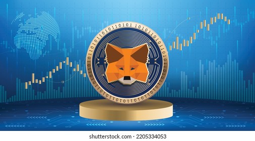 Metamask Cartera cripto logo y símbolo de la moneda de la moneda sobre el fondo de la infografía financiera. Banner y fondo de pantalla de ilustraciones vectoriales de tecnología futurista 