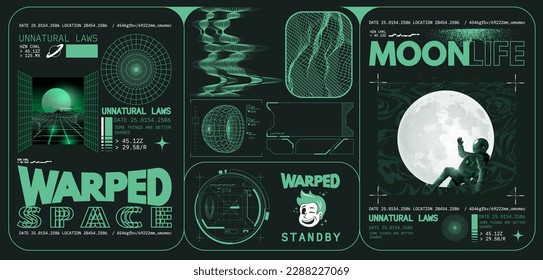 Metamodern and futuristic surreal wireframe technology and science fiction themed graphic elements. Vector Illustration