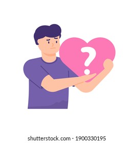 a metaphor about single, alone, lonely, needing a partner or girlfriend. male illustration holds heart and is confused because he does not have a girlfriend or partner. flat style. vector design