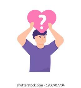 a metaphor about single, alone, lonely, needing a partner or girlfriend. male illustration holding a heart symbol and is confused because he does not have a girlfriend or partner. flat style. vector