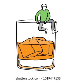 metaphor addicted man trying climb out off a glass of alcohol vector illustration sketch hand drawn with black lines, isolated on white background. Education Medical concept.