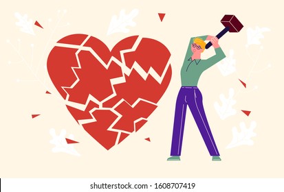 Metaphor of betrayal, unhappy love and broken heart. Boy by hammer breaks the heart into splinters. Flat Art Vector Illustration