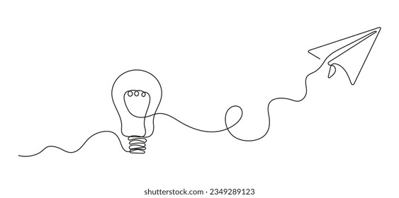 Metaphor of big idea in doodle, line style. Paper plane flies. Finding solution in business. Idea text in sketch style. Brainstorming concept vector. Creative thinking.