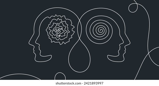 Metaphor bipolar disorder, Double face, Split personality, Parkinson, Psychology, Dual personality Mental health concept continuous one line drawing vector. 