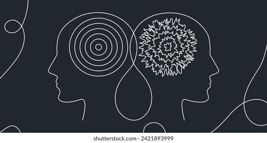 Metaphor bipolar disorder, Double face, Split personality, Parkinson, Psychology, Dual personality Mental health concept continuous one line drawing vector. 