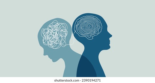 Mentalidad de trastorno bipolar metáforo. Mes de concientización sobre salud mental. Silueta humana con cerebro dentro, mente, enfermedad, psicológica. Doble personalidad. Ángulo y desenreda. Personalidad dividida