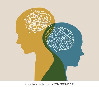 Metaphor bipolar disorder mind. Double face. Concept of mental health. Human head silhouette with brain inside, mind, illness, psychological. Dual personality. Tangle and untangle. Split personality 