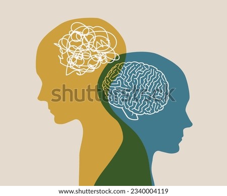 Metaphor bipolar disorder mind. Double face. Concept of mental health. Human head silhouette with brain inside, mind, illness, psychological. Dual personality. Tangle and untangle. Split personality 