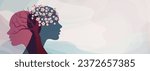 Metaphor bipolar disorder mind mental. 2 Head silhouette with flowering tree and bare tree. Mental health concept. Split personality. Mood disorder. Psychology. OurMindsMatter. Burnout