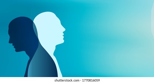 Metaphor bipolar disorder mind mental. Split personality. Concept mood disorder. Dual personality concept. 2 Head silhouette. Imagination. Mental health.Double face.Web banner.Copy space