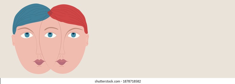 Metaphor bipolar disorder mind mental. Double face.Concept mood disorder. Split personality. Psychology. Dual personality concept. 2 illustrated silhouette heads.Mental health. Depression