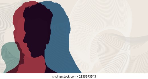 Metaphor bipolar disorder mind mental. Concept mood disorder. Head face silhouette. Split personality. Psychology. Dual personality concept. Mental health. Mood change. Copy space. Vector