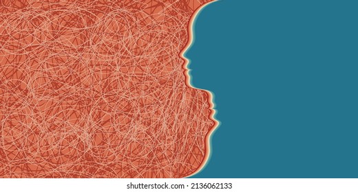 Metaphor bipolar disorder mind mental. Concept mood disorder. 2 Head silhouette. Double face. Split personality. Psychology. Dual personality concept. Mental health. Tangle. Copy space