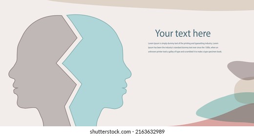 Metaphor bipolar disorder mind mental. 2 Head silhouette. Double face. Concept mood disorder. Split personality. Psychology. Dual personality concept. Mental health. Banner copy space