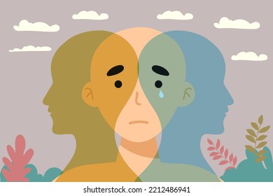 Metáfora del trastorno bipolar mental. Doble cara. Personalidad dividida. Trastorno del estado de ánimo conceptual. 2 Silhouette de cabeza.Psicología. Salud mental. Doble concepto de personalidad. Ángulo y desenreda.