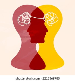 Metaphor bipolar disorder mind mental. Double face. Split personality. Concept mood disorder. 2 Head silhouette.Psychology. Mental health. Dual personality concept. Tangle and untangle