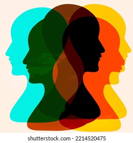 Metaphor bipolar disorder mind mental. Double face. Split personality. Concept mood disorder. 2 Head silhouette.Psychology. Mental health. Dual personality concept. Tangle and untangle.