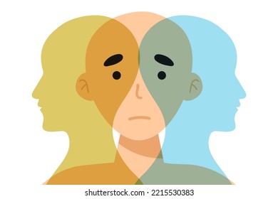 Metaphor bipolar disorder mind mental. Double face. Split personality. Concept mood disorder. 2 Head silhouette.Psychology. Mental health. Dual personality concept. Tangle and untangle.