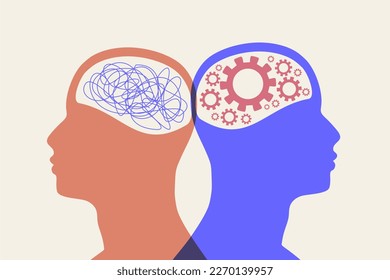 Metaphor bipolar disorder mind mental. Split personality. Concept mood disorder. Two head silhouette. Psychology and mental health. Dual personality concept. Tangle and order