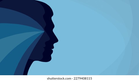 Metaphor bipolar disorder mind mental. Double face. Split personality. Concept mood disorder. Psychology. 2 Head silhouette. Dual personality concept. Mental health. Psychiatry. Banner
