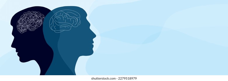 Metaphor bipolar disorder mind mental. Double face. Split personality. Concept mood disorder. Psychology. 2 Head silhouette. Dual personality concept. Mental health. Psychiatry. Banner