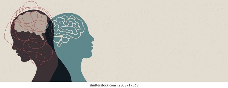 Metaphor bipolar disorder mind mental. Double face with tangle and untangle brain. Psychology. Split personality. Concept mood disorder. 2 Head. Dual-personality. Mental health. Psychiatry