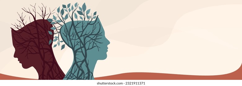 Metaphor bipolar disorder mind mental. Double face with puzzle brain. Split personality. Concept mood disorder. 2 Head silhouette.Psychology. Dual-personality. Psychiatry. Mental health