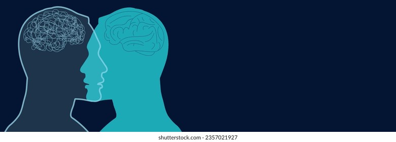 Metaphor bipolar disorder mind mental. Double face with tangle and untangle brain. Split personality. Concept mood disorder. 2 Head silhouette.Psychology.Psychiatry. Mental health
