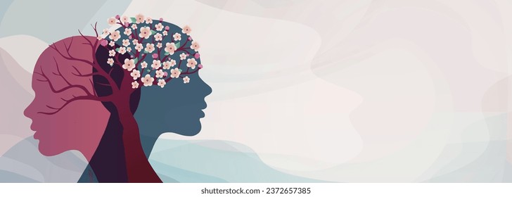 Metaphor bipolar disorder mind mental. 2 Head silhouette with flowering tree and bare tree. Mental health concept. Split personality. Mood disorder. Psychology. OurMindsMatter. Burnout