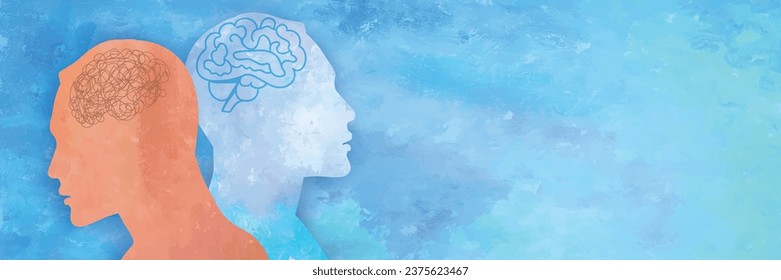 Metáfora del trastorno bipolar mental. Doble cara con enredo y desenmarañamiento cerebral. Personalidad dividida. Trastorno de la sangre. 2 Silhouette de cabeza. Psicología. Salud mental. Psiquiatría.Acuarela