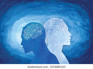 Metáfora del trastorno bipolar mental. Doble cara con enredo y desenmarañamiento cerebral. Personalidad dividida. Trastorno del estado de ánimo. 2 Silhouette de cabeza.Psicología. Salud mental. Apagón mental. Acuarela